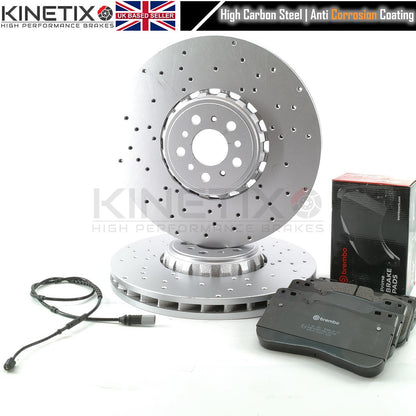 FOR BMW M5 F90 M8 F91 F92 F93 COMPETITION CROSS DRILLED FRONT BRAKE DISCS BREMBO PADS & WEAR WIRE SENSOR LEAD 395mm X 36mm (34117991101 | 34117991102)