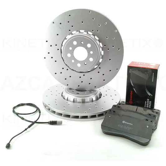 FOR BMW M5 F90 M8 F91 F92 F93 COMPETITION CROSS DRILLED FRONT BRAKE DISCS BREMBO PADS & WEAR WIRE SENSOR LEAD 395mm X 36mm (34117991101 | 34117991102)