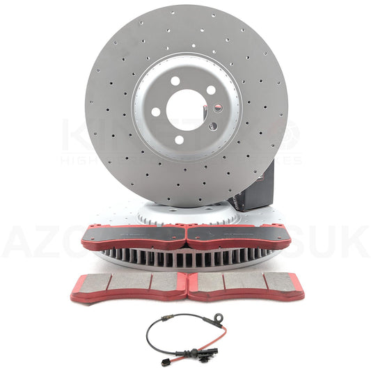 FOR RANGE ROVER SPORT P550e 23- CROSS DRILLED FRONT BRAKE DISCS CERAMIC RACING PADS & WEAR WIRE SENSOR LEAD 380mm LR153518 / LR157388