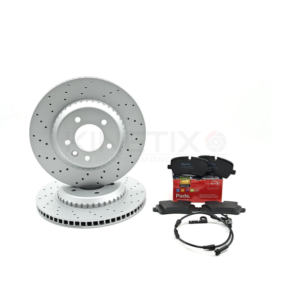 FOR LAND ROVER DEFENDER P400e DRILLED REAR BRAKE DISCS APEC PADS & SENSOR
