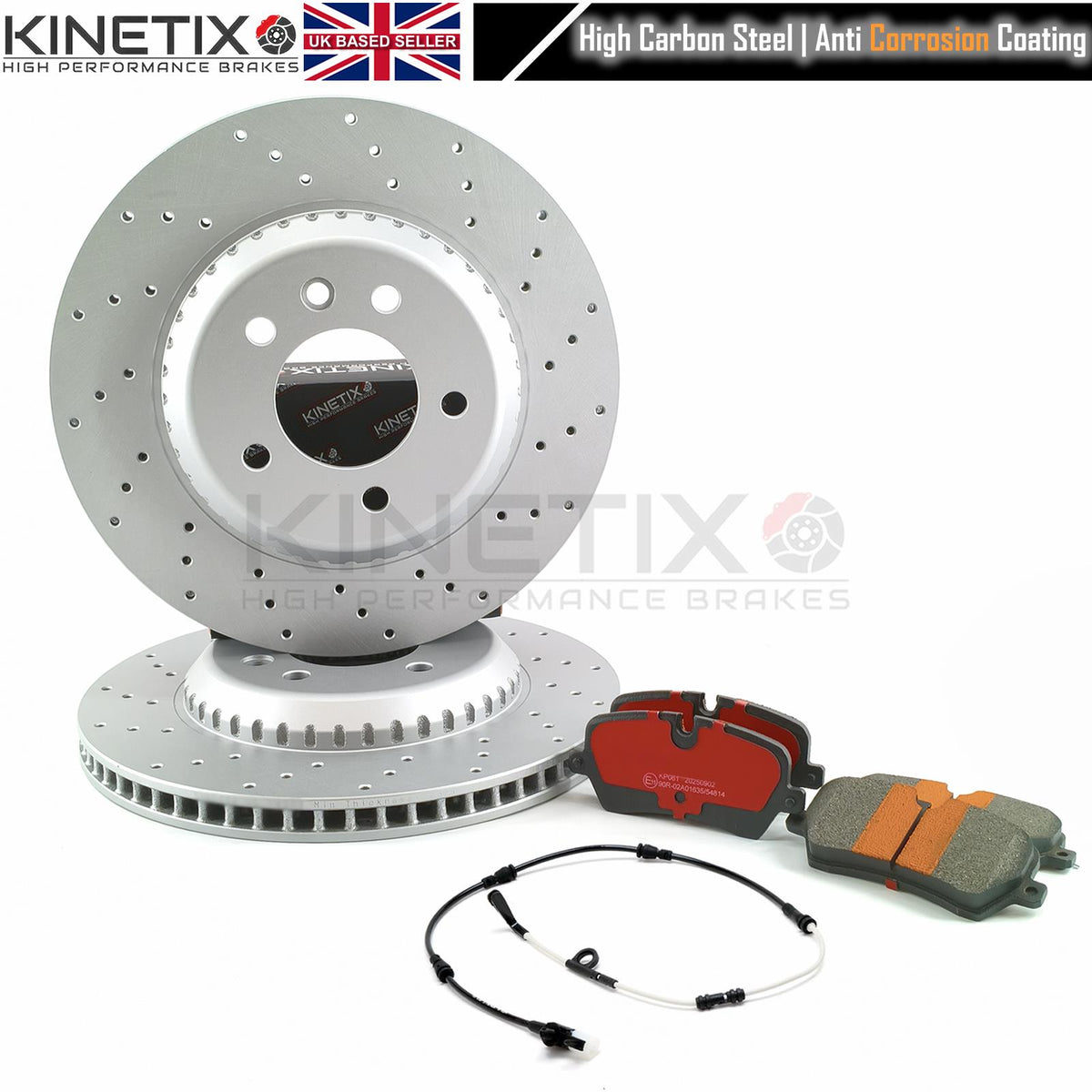 LAND ROVER DEFENDER D240 SD4 CROSS DRILLED PERFORMANCE REAR BRAKE DISCS CERAMIC PERFORMANCE PADS & WEAR WIRE SENSOR LEAD 325mm