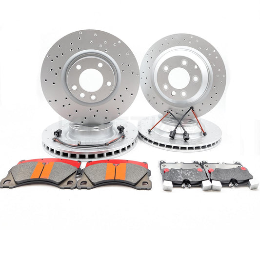 FOR VW TOUAREG R50 TDI DRILLED FRONT REAR BRAKE DISCS PADS SENSORS 368mm 358mm
