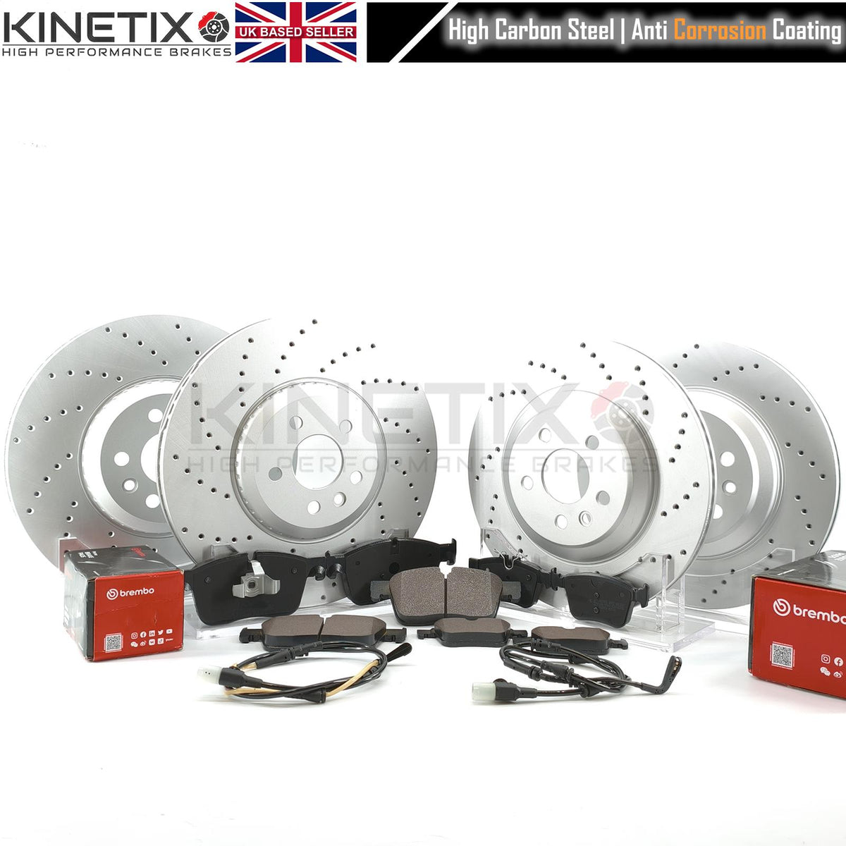 RANGE ROVER VELAR D300 SDV6 2017- CROSS DRILLED PERFORMANCE FRONT REAR BRAKE DISCS BREMBO PADS & WEAR WIRE SENSORS 350mm/325mm