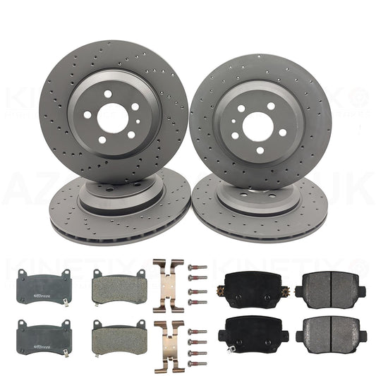 TESLA MODEL 3 PERFORMANCE (5YJ3) 2018- CROSS DRILLED FRONT REAR BRAKE DISCS PADS & FITTING PINS KIT 335mm 355mm