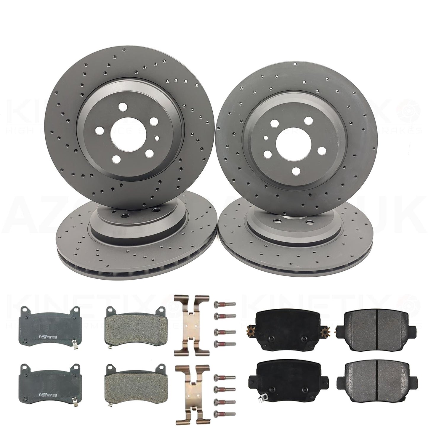TESLA MODEL 3 PERFORMANCE (5YJ3) 2018- CROSS DRILLED FRONT REAR BRAKE DISCS PADS & FITTING PINS KIT 335mm 355mm
