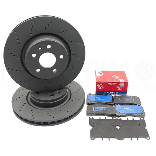 FOR TESLA MODEL S X 5YJS 5YJX DRILLED FRONT BRAKE DISCS TRW EV PADS 1025099-00-B