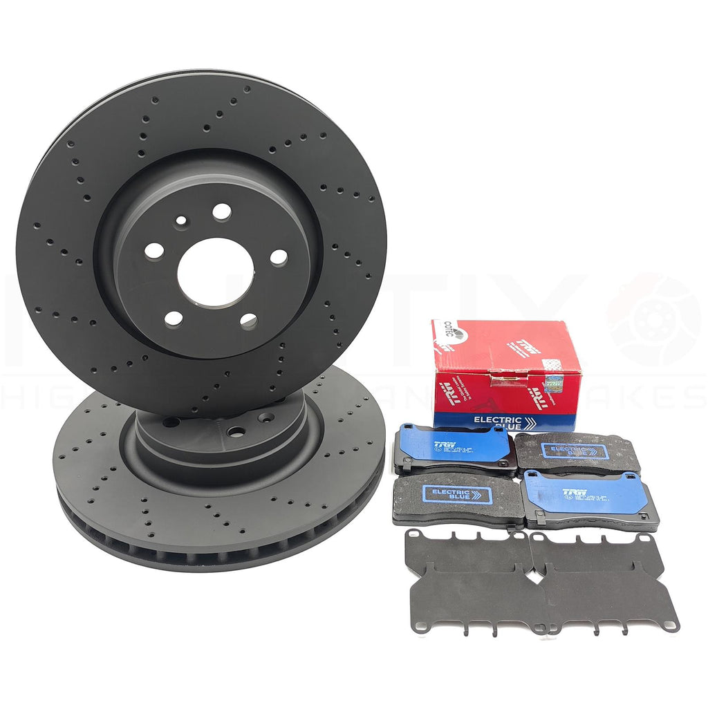FOR TESLA MODEL S X 5YJS 5YJX DRILLED FRONT BRAKE DISCS TRW EV PADS 1025099-00-B