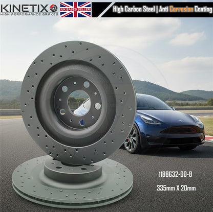 FOR TESLA MODEL Y 2021- CROSS DRILLED REAR BRAKE DISCS CERAMIC PADS 335mm X 20mm