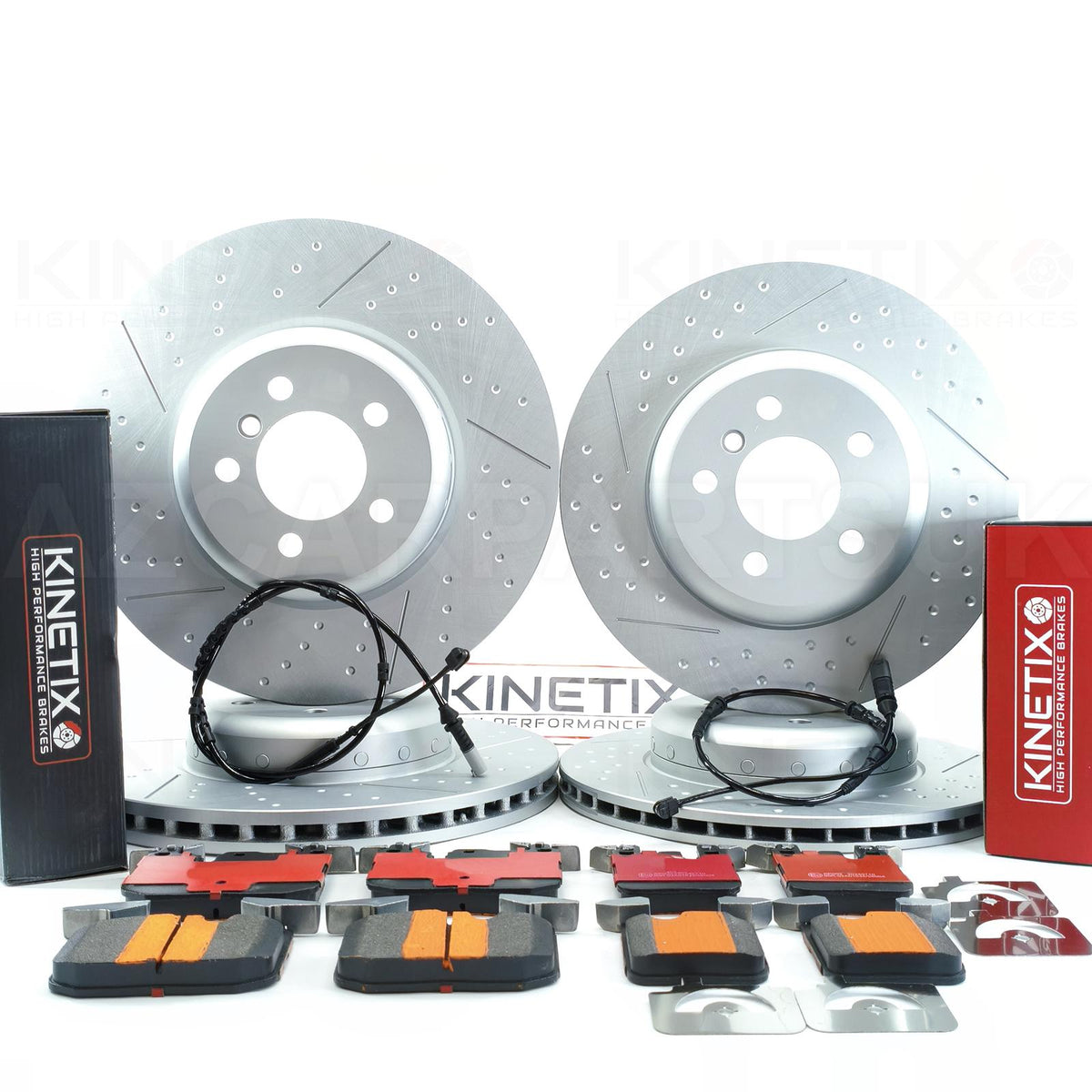 FOR BMW 335i 435i M SPORT M PERFORMANCE 2 PIECE Bi-METALLIC FRONT REAR DIMPLED GROOVED BRAKE DISCS CERAMIC RACING PADS & WEAR WIRE SENSOR LEADS 370mm 345mm F3xx
