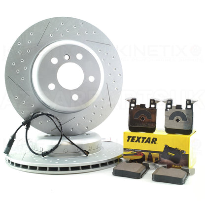 FOR BMW 330d 335d 430d 435d F30 F31 F32 F33 F34 F36 M SPORT PERFORMANCE DIMPLED GROOVED REAR 2-PIECE Bi-METALLIC BRAKE DISCS TEXTAR PADS & WEAR WIRE SENSOR LEAD 345mm X 24mm